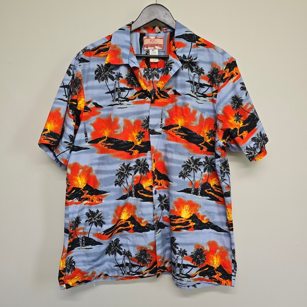 RJC Kilauea Big Island Volcano Shirt Mens XL Blue Tropical Hawaiian Beachy Aloha